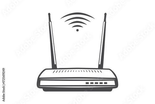 Gray router broadcasts strong signal with two antennas on a white background