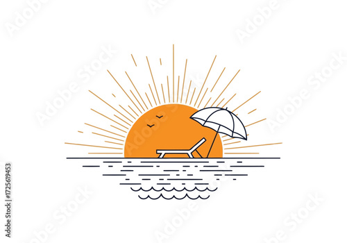 Vector illustration of minimalist illustration of a sunset over the ocean with a lounge chair and umbrella, representing a peaceful beach vacation