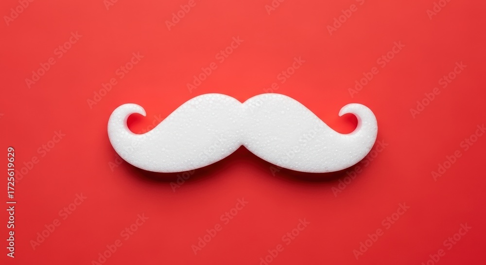 Fototapeta premium A white handlebar mustache is centered against a vibrant red background, creating a bold and graphic composition.