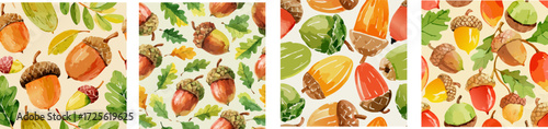 Seamless pattern of colorful acorns and oak leaves.