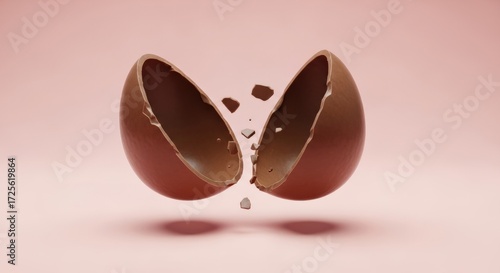 A hollow chocolate egg is dramatically breaking apart into two halves, with small chocolate fragments scattering in the air against a soft pink background.
