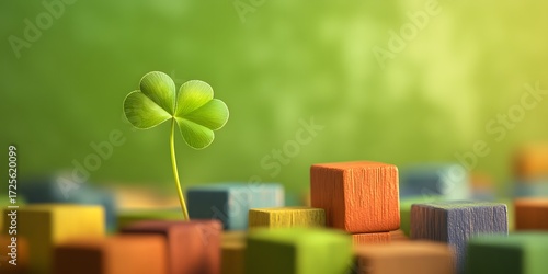 Green Four Leaf Clover Growing Among Colorful Wooden Blocks