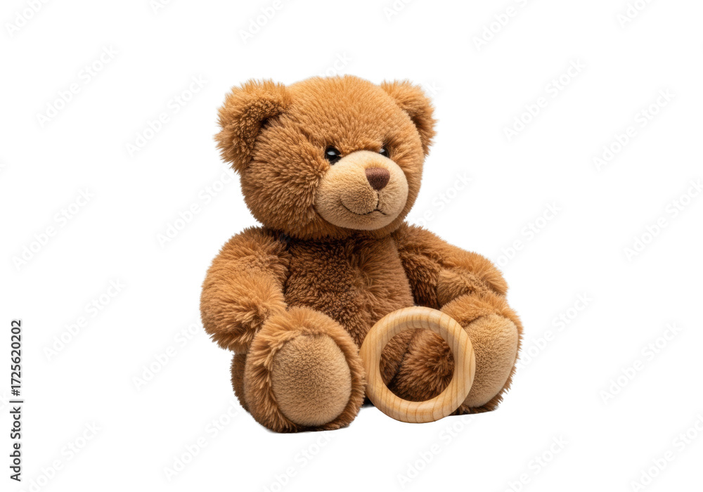 Obraz premium A fluffy, brown teddy bear with tucked paws sits next to a polished natural wooden ring, on a seamless transparent background under bright, shadowless studio light. High-quality product photography