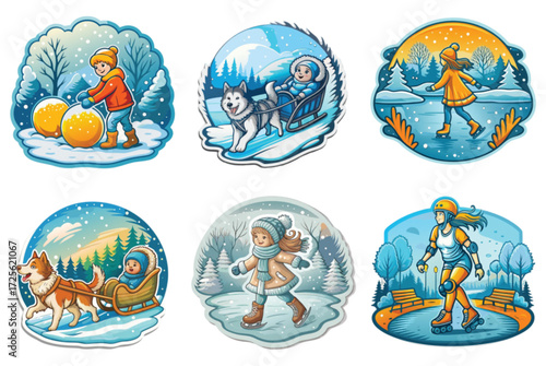 Winter activities illustrated in vibrant colors with snowy backgrounds  