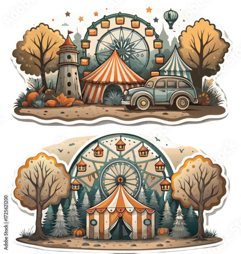 Vintage carnival scene with tents, trees, and a ferris wheel  