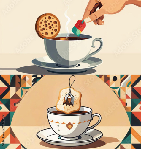 Tea with cookie and teabag in artistic style with vibrant patterns  
