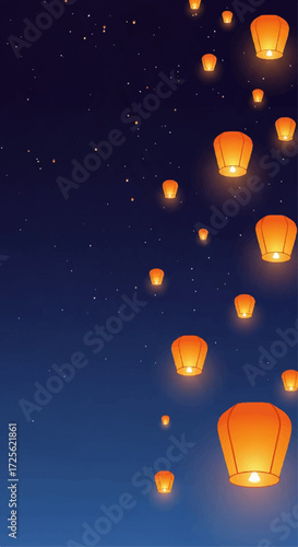 Lanterns floating in the night sky with copy space A beautiful scene for your design needs