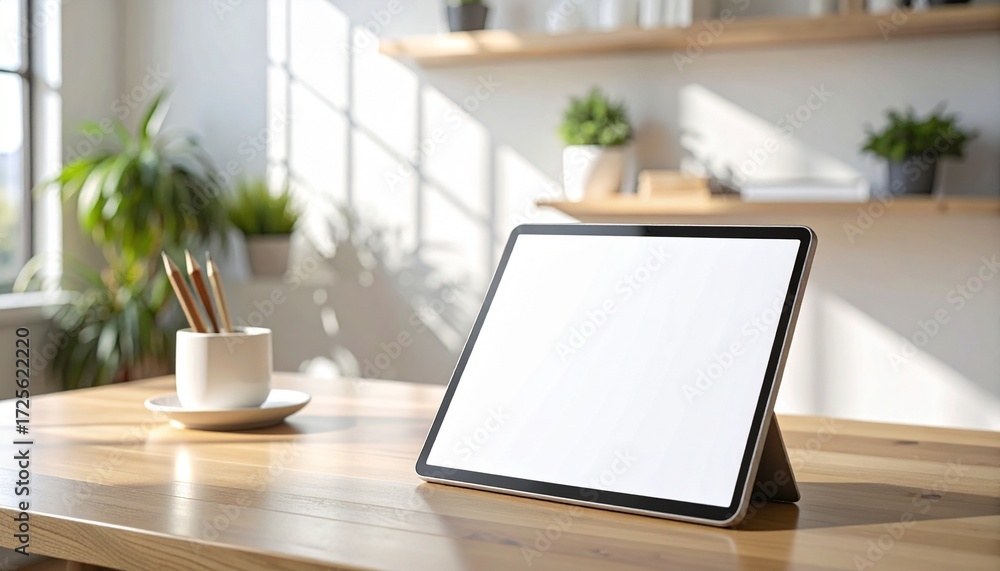 Fototapeta premium Modern Tablet Mockup on Wooden Desk Display Your Digital Designs