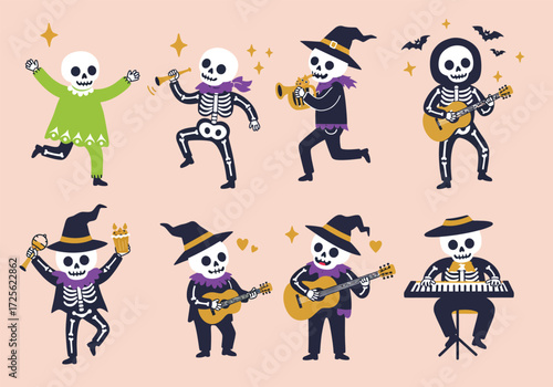 Vector art of a whimsical halloween celebration unfolds with skeletons joyfully playing instruments and dancing amidst musical notes, bats, and festive bunting, all set against a soft pink backdrop