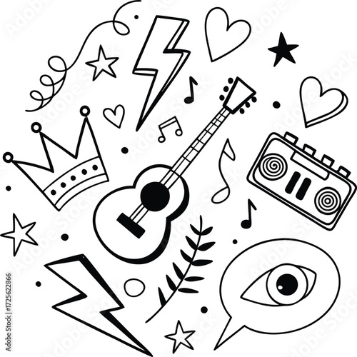 The Eternal Rise of Heavy Meta. Doodle icon drawn punk music sketch set.