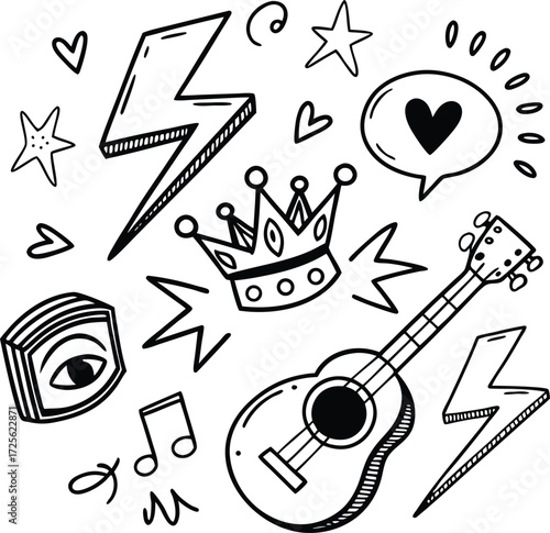 The Eternal Rise of Heavy Meta. Doodle icon drawn punk music sketch set.
