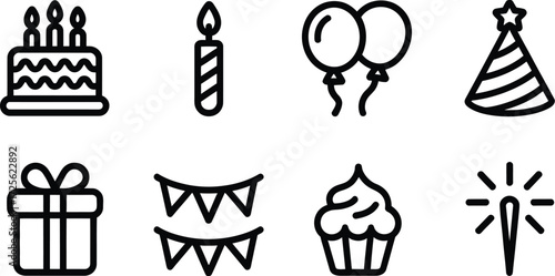 Birthday party icons vector set cake balloons gift celebration elements design
