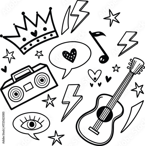The Eternal Rise of Heavy Meta. Doodle icon drawn punk music sketch set.
