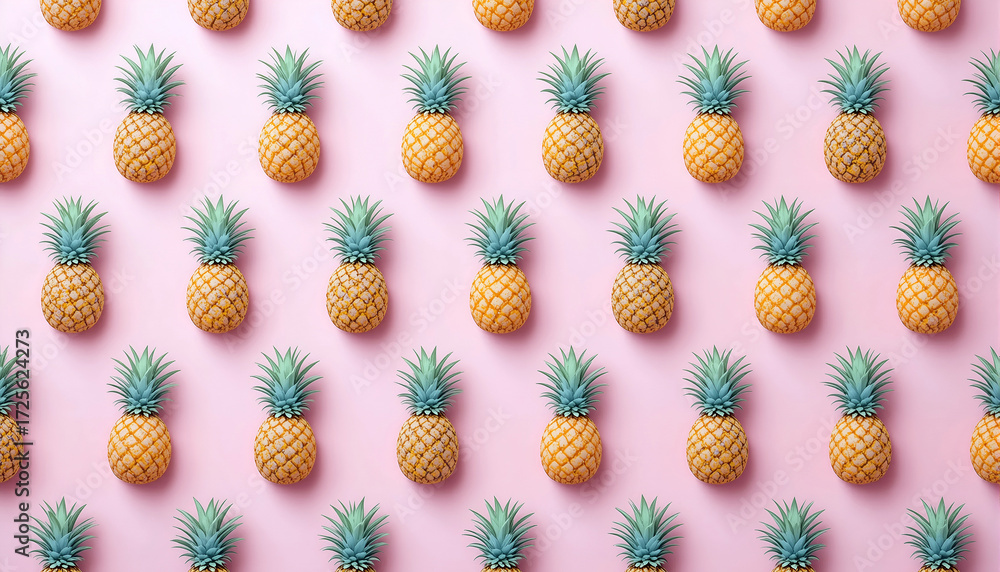Fototapeta premium Bright Yellow Pineapples Arranged in Neat Rows on a Pink Background Create a Cheerful and Vibrant Display