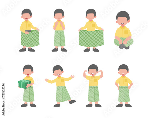 Cute Muslim Boy Character in Traditional Outfit with Various Poses