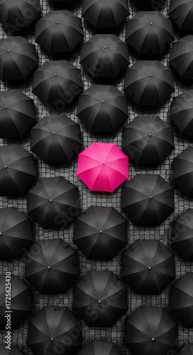 A single bright pink umbrella stands out amongst a sea of identical black umbrellas, symbolizing individuality.