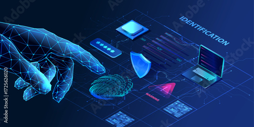 Ai scaning your fingerprint scan identity in technology style. Biometric finger and human hand id isometric view vector. Identification security.