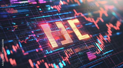 Artificial Intelligence logo on a stock market chart background with candlestick charts and artificial intelligence in the style of holographic digital art
