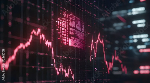 Artificial Intelligence logo on a stock market chart background with candlestick charts and artificial intelligence in the style of holographic digital art