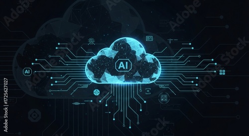 Digital concept of artificial intelligence cloud computing, highlighting global data networks, machine learning, and advanced technology integration for future digital solutions