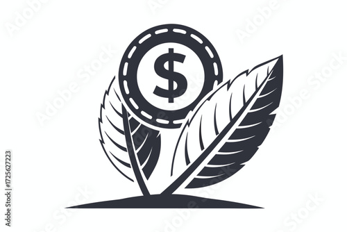 Isolated coin with a dollar symbol is featured among growing leaves silhouette