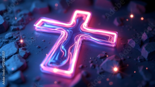 Neon Lit Cross Illuminates Rocks in Dark Surrounding with Effect