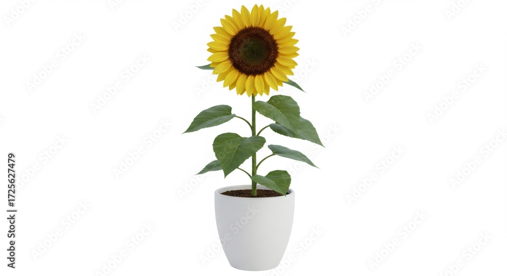 Obraz premium Single Sunflower in White Pot Against White Background