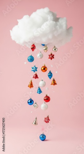 A whimsical cloud raining colorful Christmas ornaments and glitter on a pink background.