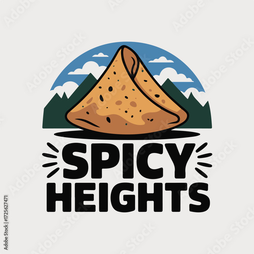 Creative samosa shaped mountain peak logo with bold "spicy heights" typography for food brands and adventure companies vector