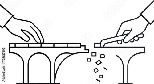 Quantum Labor Paradox – Minimal Line Art of Half Built Half Broken Bridge