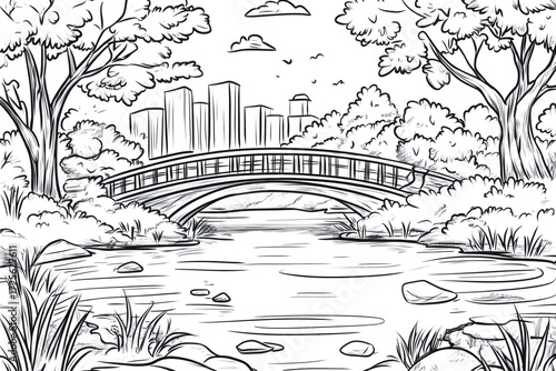 Wallpaper Mural Black and white drawing of bridge over river in park with city skyline, perfect coloring page for kids and adults Torontodigital.ca