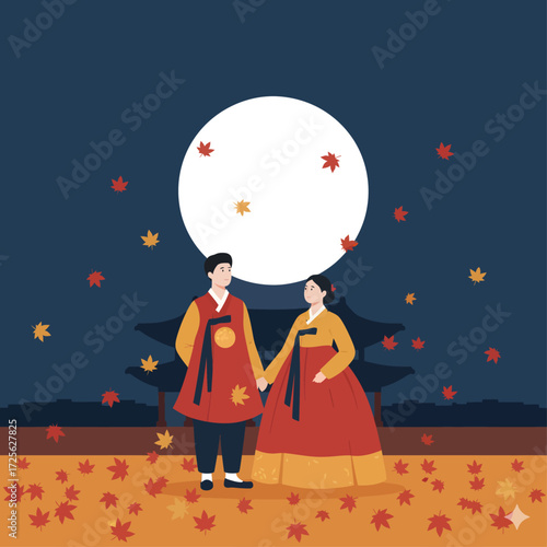 Minimalist vector design showing a Korean hanbok couple enjoying the autumn evening under a full moon, surrounded by red and golden maple leaves, korean autumn eve festival