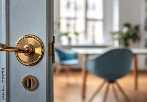 close-up shot of the door to an apartment, showing its sleek white frame and brass doorknob, with light blue chairs in soft focus through it.