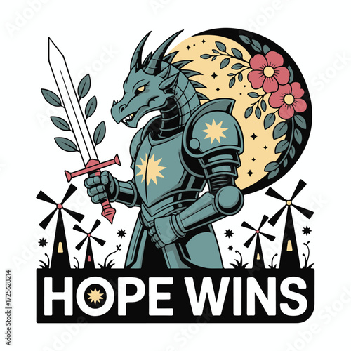 Fantasy dragon knight in robotic armor holds sword with olive branch beneath floral moon and windmills text hope wins vector