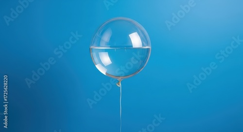 A clear balloon filled with water, suspended against a vibrant blue background.