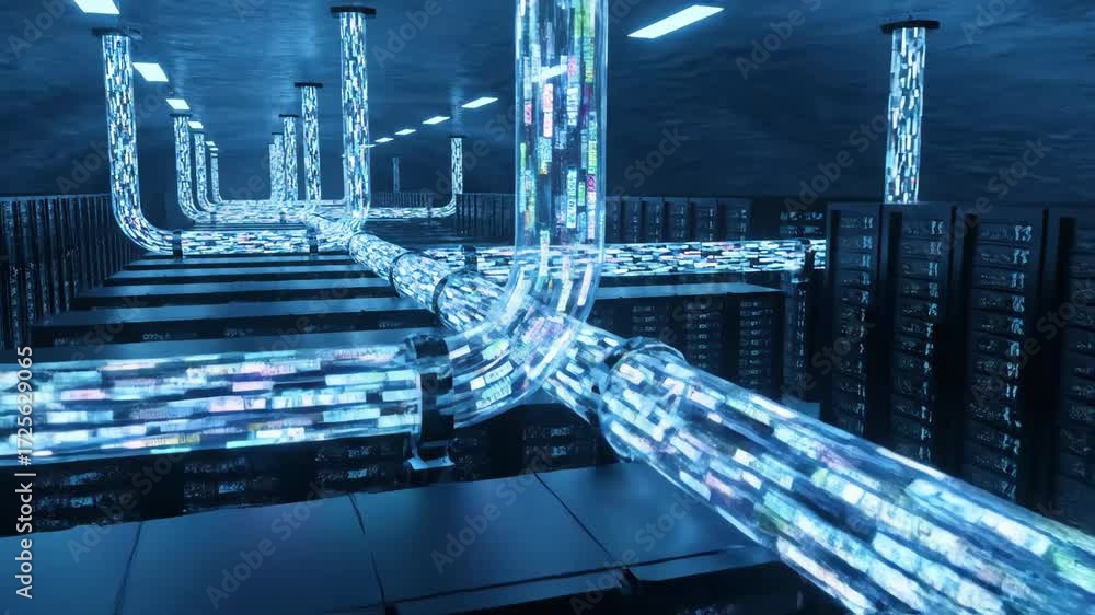 Futuristic data center with glowing blue fiber optic cables and server ...
