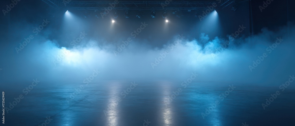 Naklejka premium The atmospheric fog-filled stage with dramatic blue lighting effects