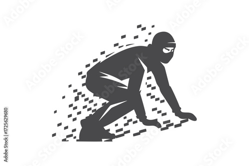 Isolated robber wearing a ski mask prepares to flee the covered in pixelated dust
