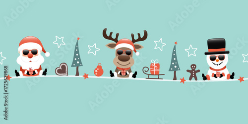 Banner Weihnachtsmann Rentier Und Schneemann Mit Sonnenbrille Icons Türkis