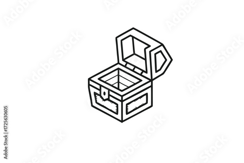 Isometric treasure box features a hinged lid in black outline style against a white backdrop