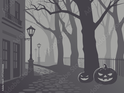Happy Halloween holiday concept. Dark abandoned alley decorated with Halloween pumpkins, flickering street lamps, shadows moving in the fog, mysterious scary silhouettes in the distance, copy space.