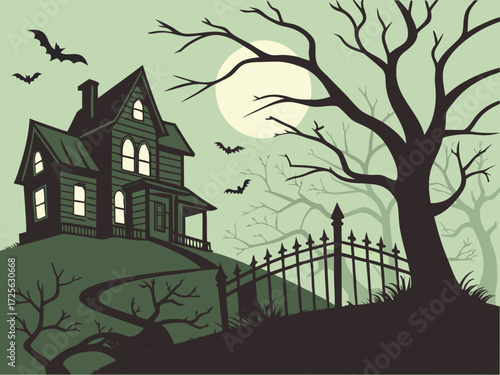 Happy Halloween holiday concept. haunted house on a hill, broken windows glowing with eerie green light, surrounded by dead twisted trees and a rusty iron fence. Fog covers the ground