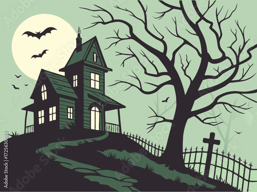 Happy Halloween holiday concept. haunted house on a hill, broken windows glowing with eerie green light, surrounded by dead twisted trees and a rusty iron fence. Fog covers the ground