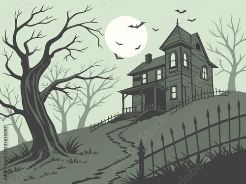 Happy Halloween holiday concept. haunted house on a hill, broken windows glowing with eerie green light, surrounded by dead twisted trees and a rusty iron fence. Fog covers the ground