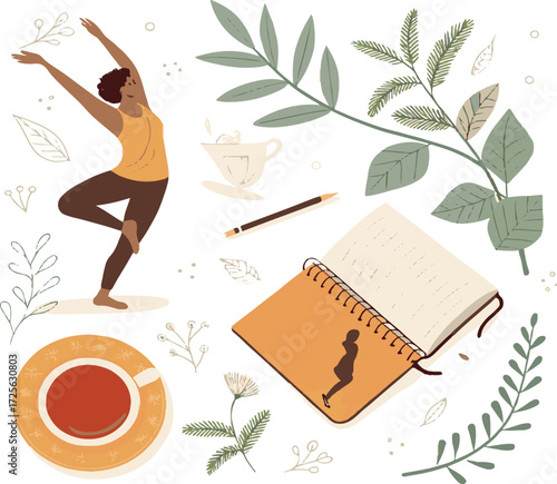 Girl enjoying coffee and tea in a garden surrounded by flowers and trees