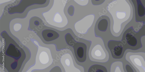 Abstract topographic map illustration in shades of gray representing a pattern of layered elevation contour lines simulating an aerial landscape or a geological design.