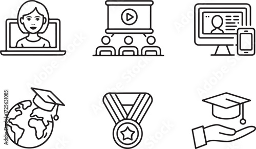Collection of stylized icons representing education, online learning, and achievement, including graduation caps, globes, and awards