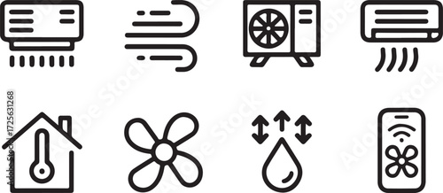 Set of line art icons representing air conditioning, ventilation, and climate control systems for homes and offices