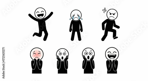 A collection of seven black and white stick figure illustrations depicting various human emotions and expressions.