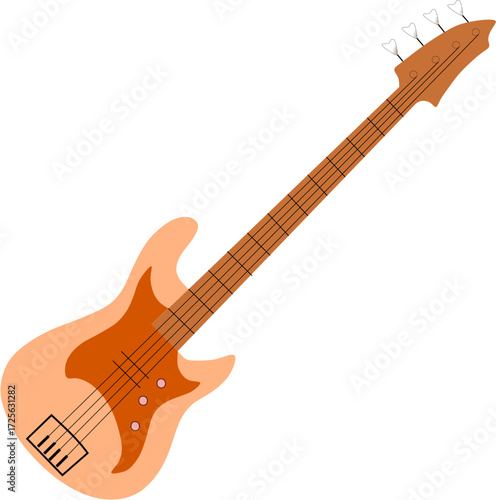 An illustration of a light-colored electric bass guitar with a brown neck and fretboard. It has four strings and four tuning pegs, and a black pickup near the bridge.